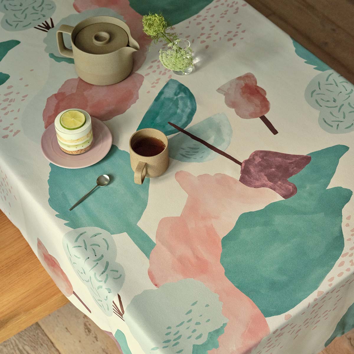 Sarahbel デザイン Forest テーブルクロス グリーン テラコッタピンク